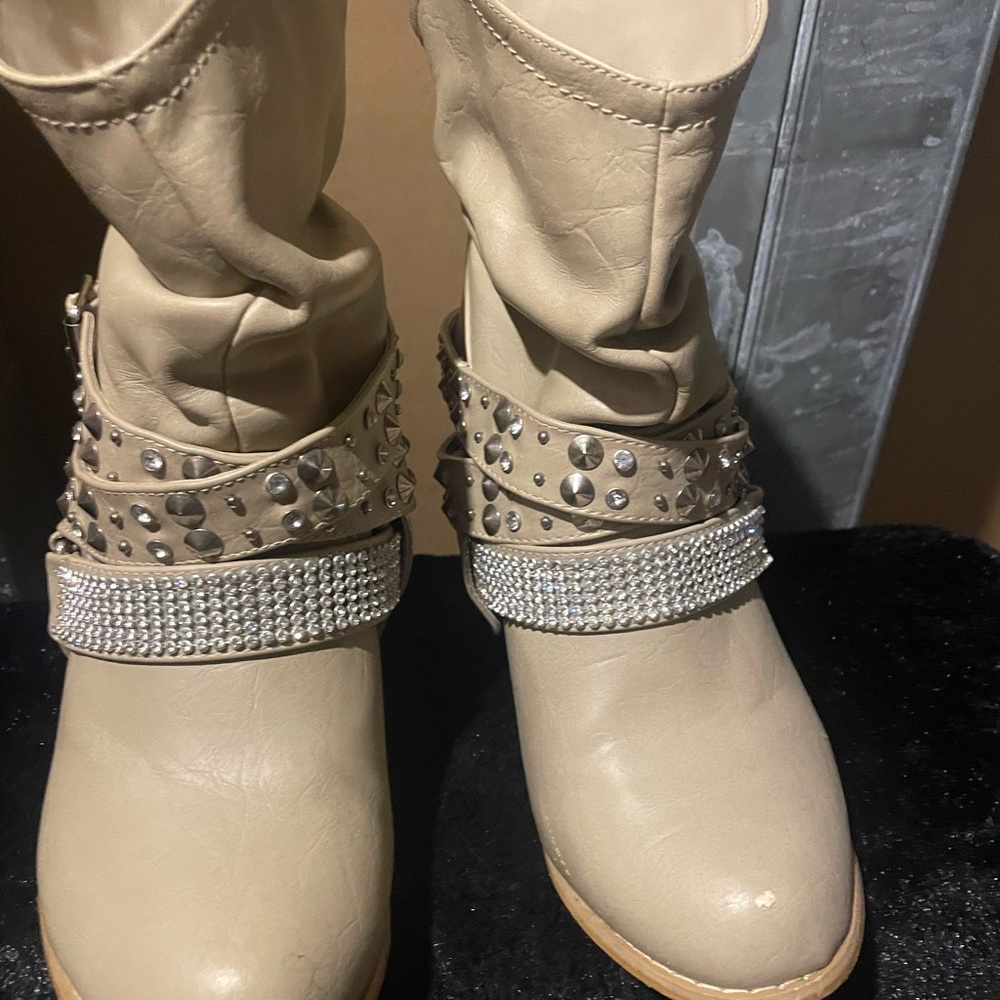 Cream Ankle Boots with Rhinestone Embellishments